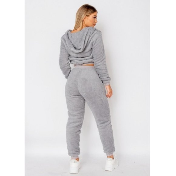Gray Teddy Bear Fur Long Sleeve Hooded Crop Top and Joggers Pants Two Piece Set - Picture 6 of 11